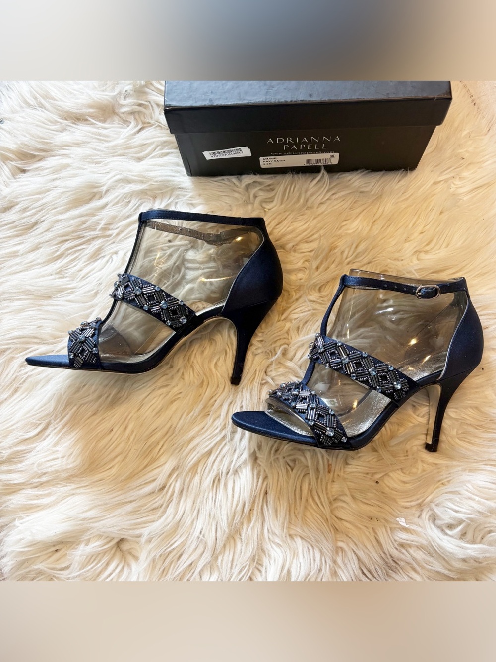 Adrianna Papell Amabel Women’s 6.5M Navy Blue Satin Beaded Heels Sandals NEW